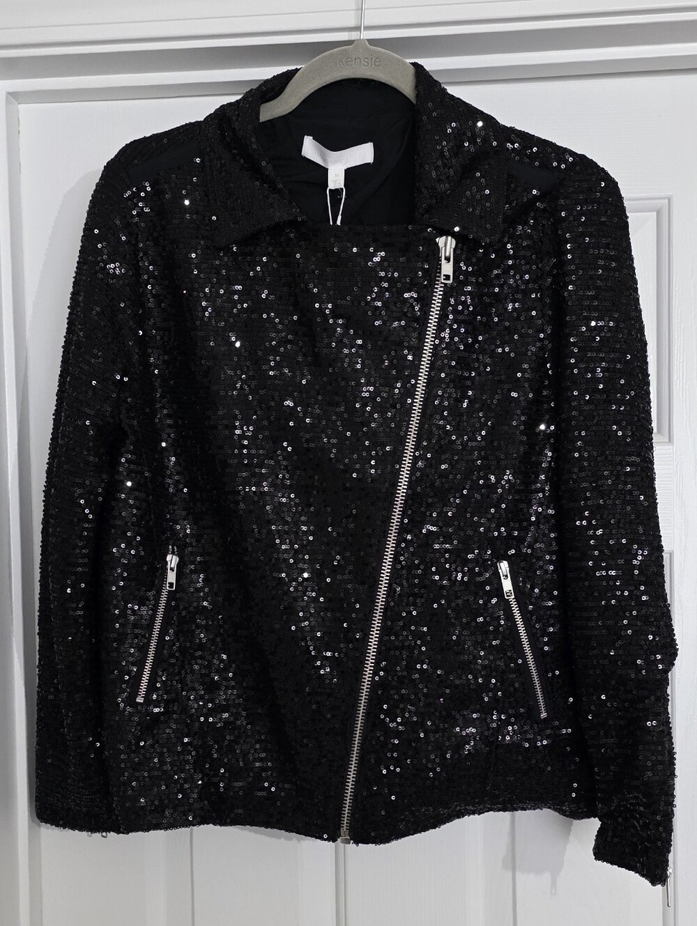 Adyson Parker Black Sequin Asymmetrical Zip Jacket Size M New